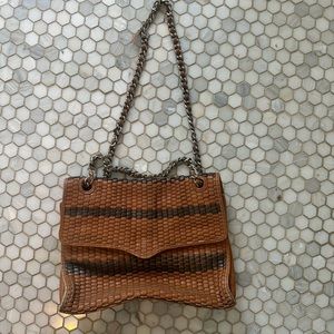 Rebecca Minkoff tan and black woven leather bag with silver chain strap